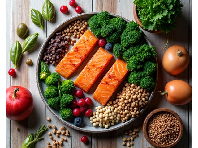 Variety of healthy, colorful, protein-rich foods like lean meats, vibrant vegetables, and whole grains arranged artfully on a light wooden table