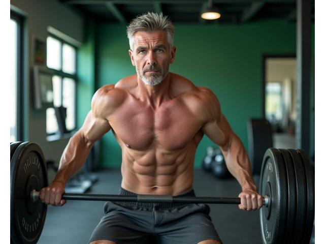 Man in his 40s lifting weights with good form in a clean, modern gym, showing strength and focus