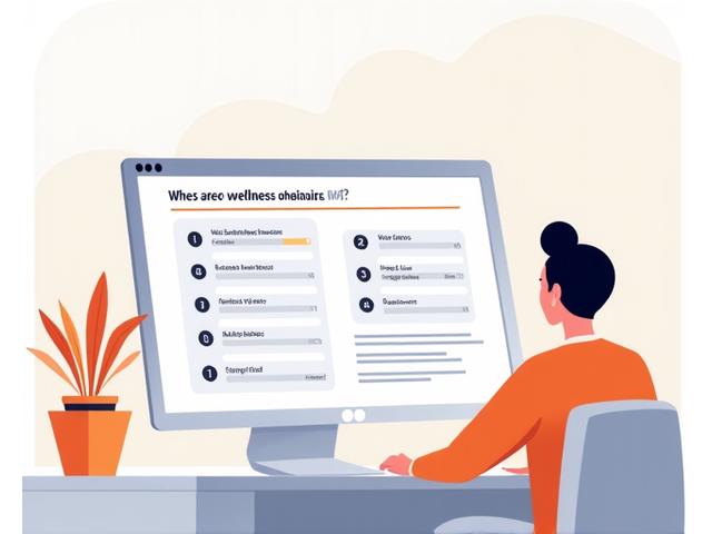 Illustration of a person completing an online wellness questionnaire with data points and a progress bar.