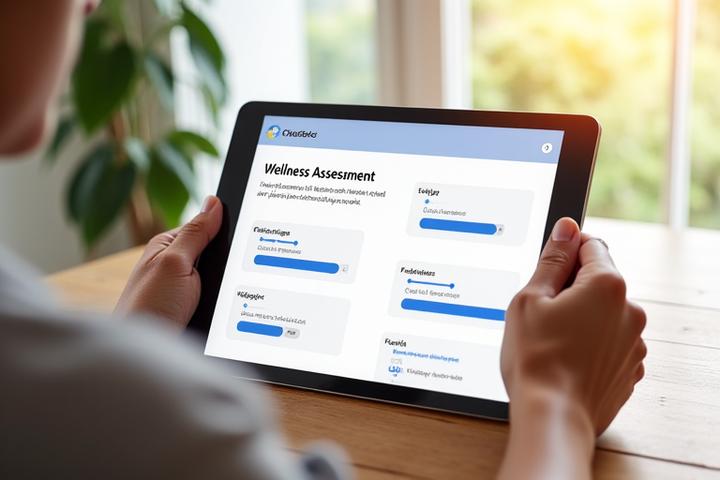 Preview of Veritas Bloom's comprehensive, interactive personalized wellness assessment on a tablet, showing lifestyle questions and progress indicators.