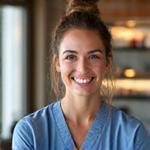 Smiling woman in her late 30s, Jennifer, wearing scrubs, enjoying a balanced meal.
