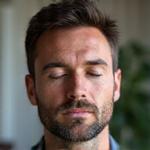 Relaxed man in his late 40s, Mike, meditating calmly, representing stress reduction.