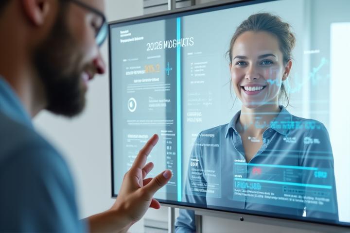 A seamless blend of human interaction and digital data visualization, showing a wellness coach reviewing a client's personalized health dashboard on a large screen.